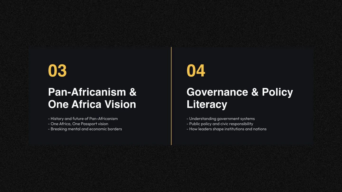 Modules three and four: Pan-Africanism and the One Africa vision, and governance and policy literacy.