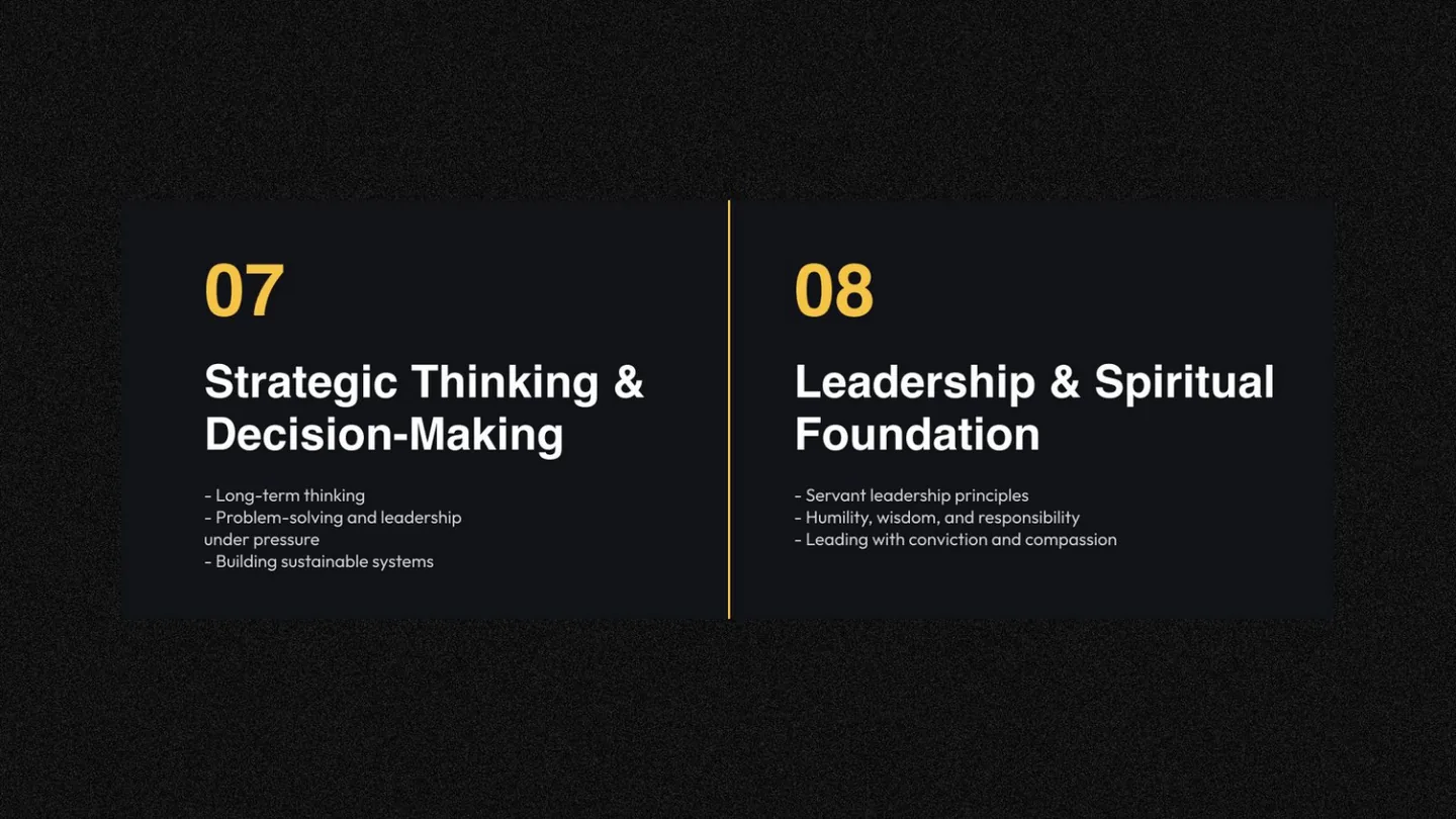 Modules seven and eight: strategic thinking and decision-making, and leadership and spiritual foundation.